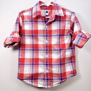Janie and Jack Madras Red and Blue Plaid Roll Cuff Button Down Shirt
